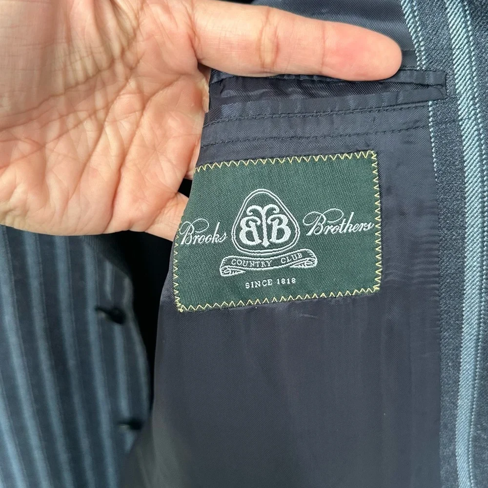 VINTAGE BROOKS BROTHERS CLASSIC BLUE STRIPED BLAZER JACKET ITALIAN WOOL SILK/L - Picture 4 of 9